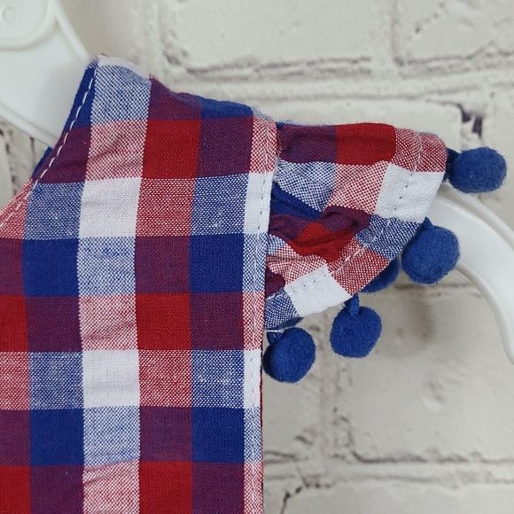 NWT Baby Girl 3M Red White Blue Plaid Pom Ruffle Bubble Romper Outfit 1pc - Picture 4 of 10